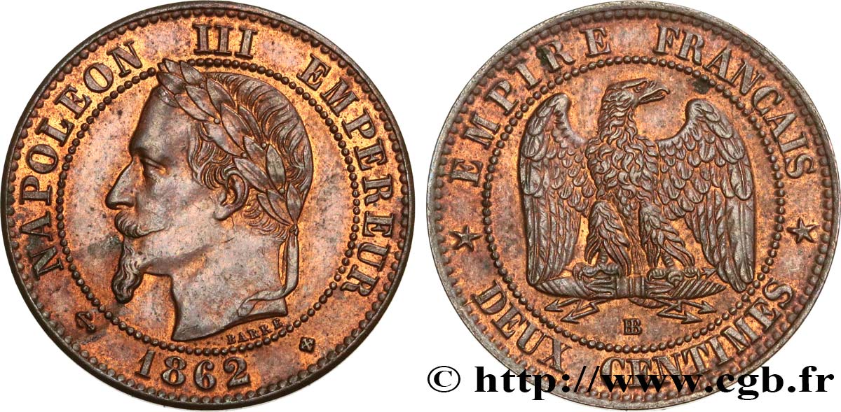 Deux centimes Napoléon III, tête laurée, buste provisoire 1861 Strasbourg F.108/2 AU54 