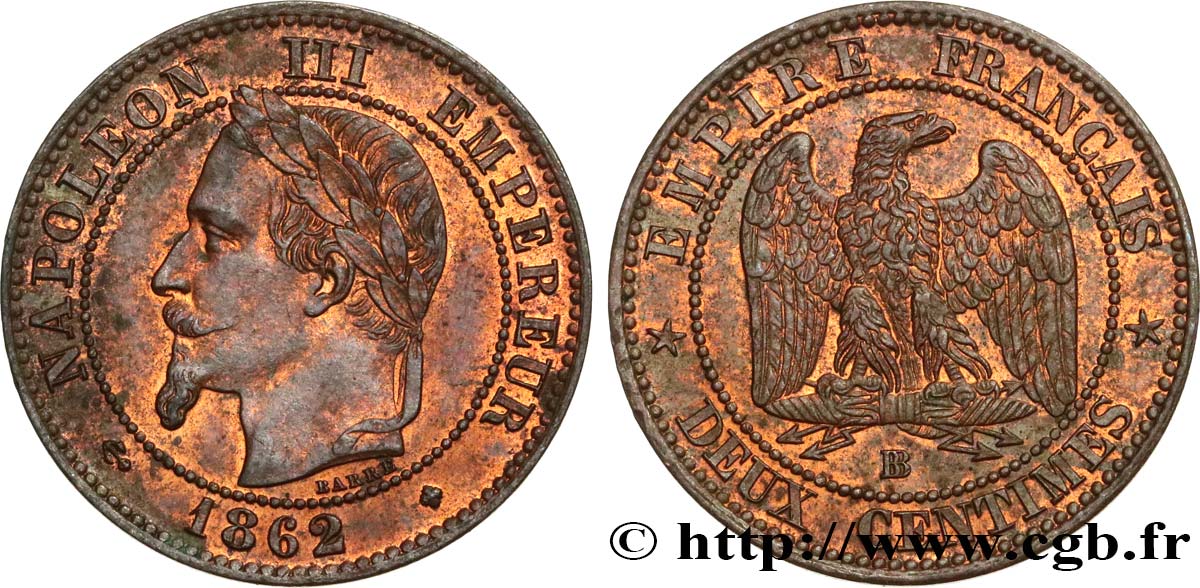 Deux centimes Napoléon III, tête laurée, buste provisoire 1861 Strasbourg F.108/2 AU54 