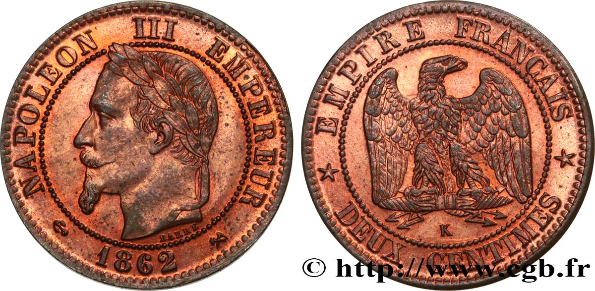 Deux centimes Napoléon III, tête laurée 1862 Bordeaux F.108A/7 VZ58 