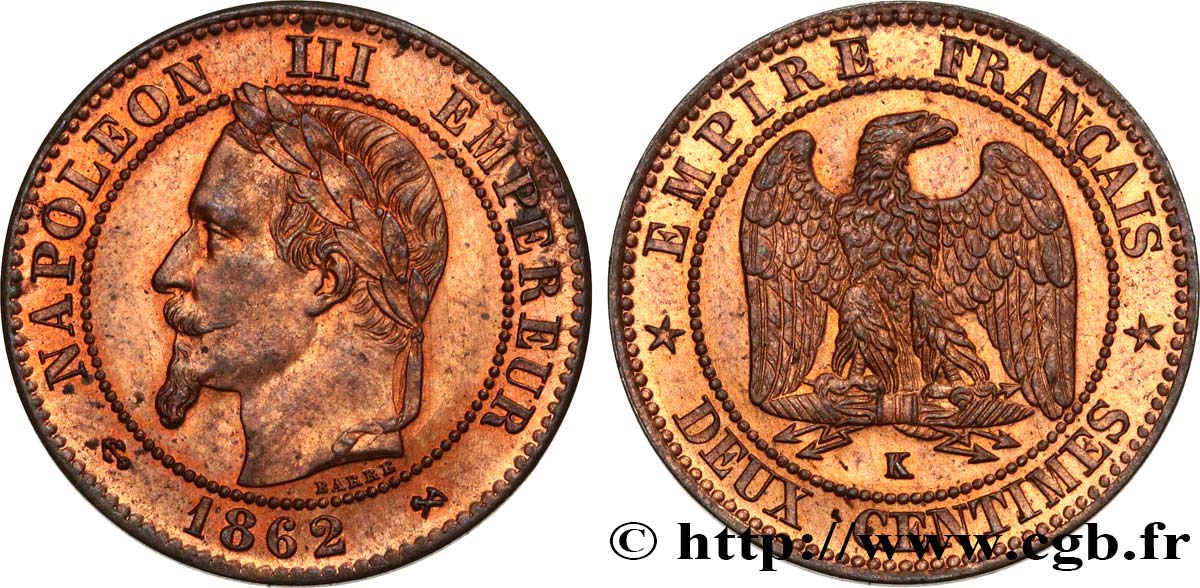 Deux centimes Napoléon III, tête laurée 1862 Bordeaux F.108A/7 AU58 
