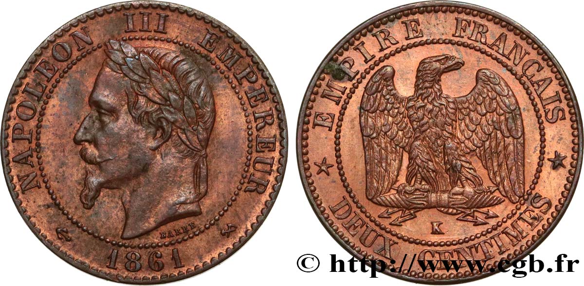 Deux centimes Napoléon III, tête laurée 1861 Bordeaux F.108/3 AU52 