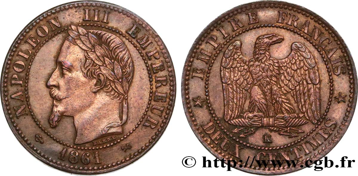 Deux centimes Napoléon III, tête laurée 1861 Bordeaux F.108/3 TTB52 