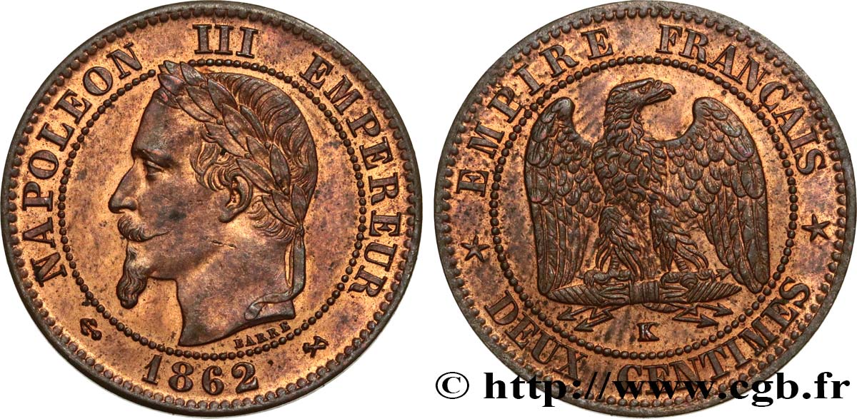 Deux centimes Napoléon III, tête laurée 1861 Bordeaux F.108/3 TTB52 