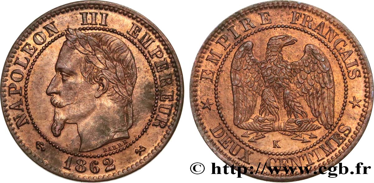 Deux centimes Napoléon III, tête laurée 1861 Bordeaux F.108/3 AU52 