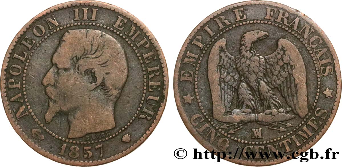 Cinq centimes Napoléon III, tête nue 1857 Marseille F.116/42 VF30 