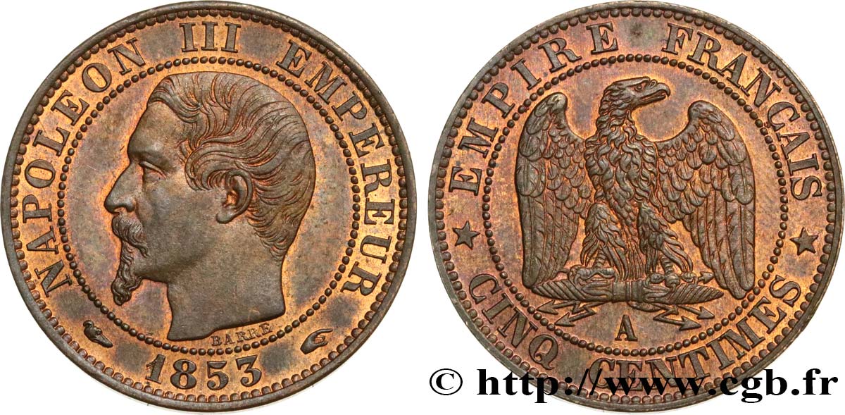 Cinq centimes Napoléon III, tête nue 1853 Paris F.116/1 SUP58 