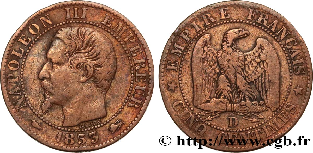 Cinq centimes Napoléon III, tête nue 1853 Lyon F.116/4 TB35 