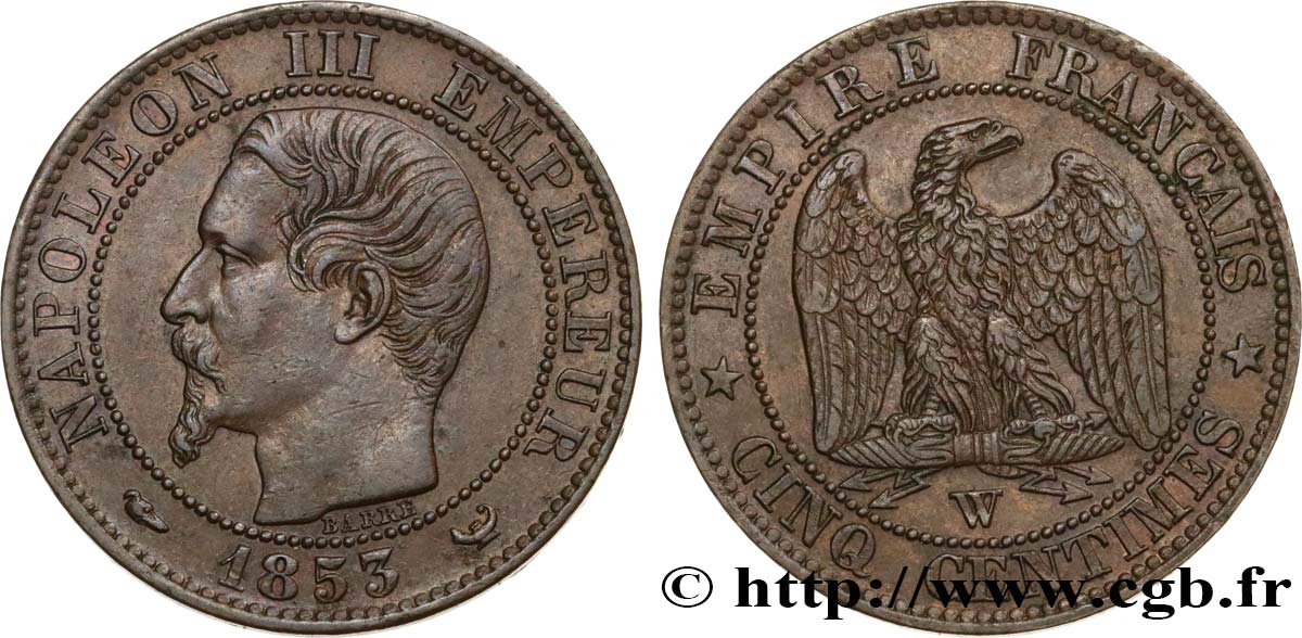 Cinq centimes Napoléon III, tête nue 1853 Lille F.116/7 SS50 