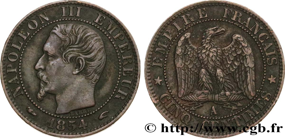 Cinq centimes Napoléon III, tête nue 1854 Paris F.116/8 XF48 