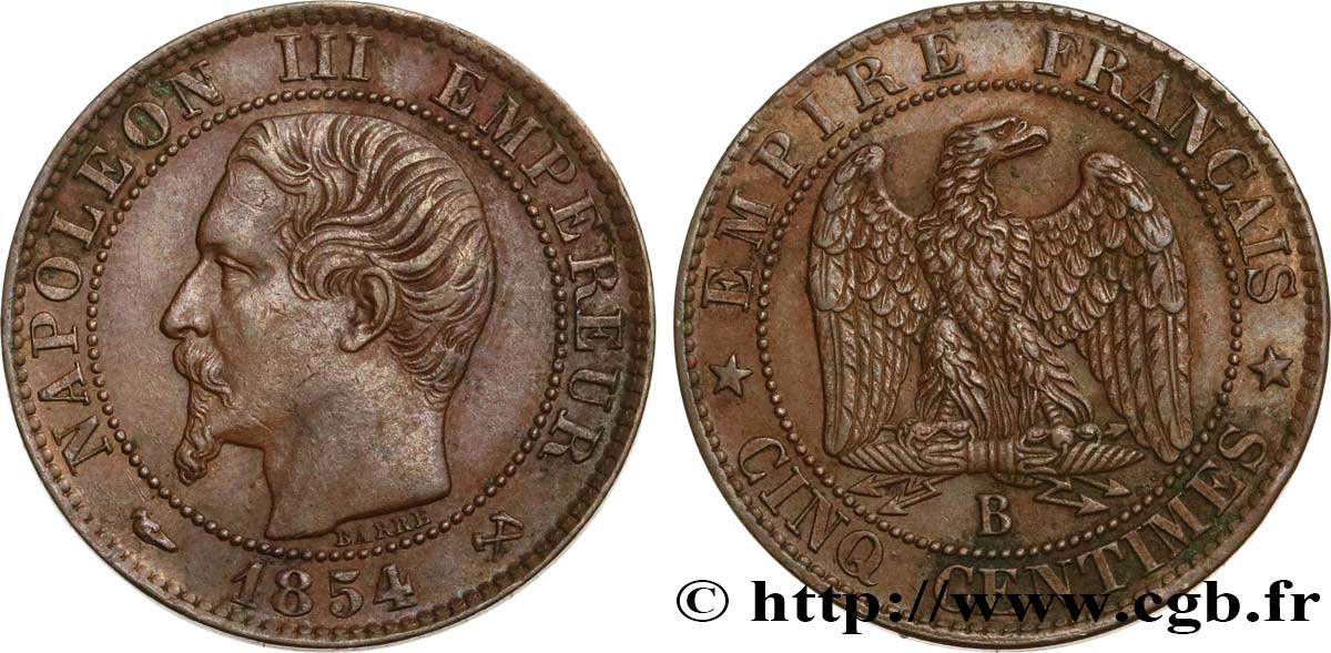 Cinq centimes Napoléon III, tête nue 1854 Rouen F.116/9 XF48 