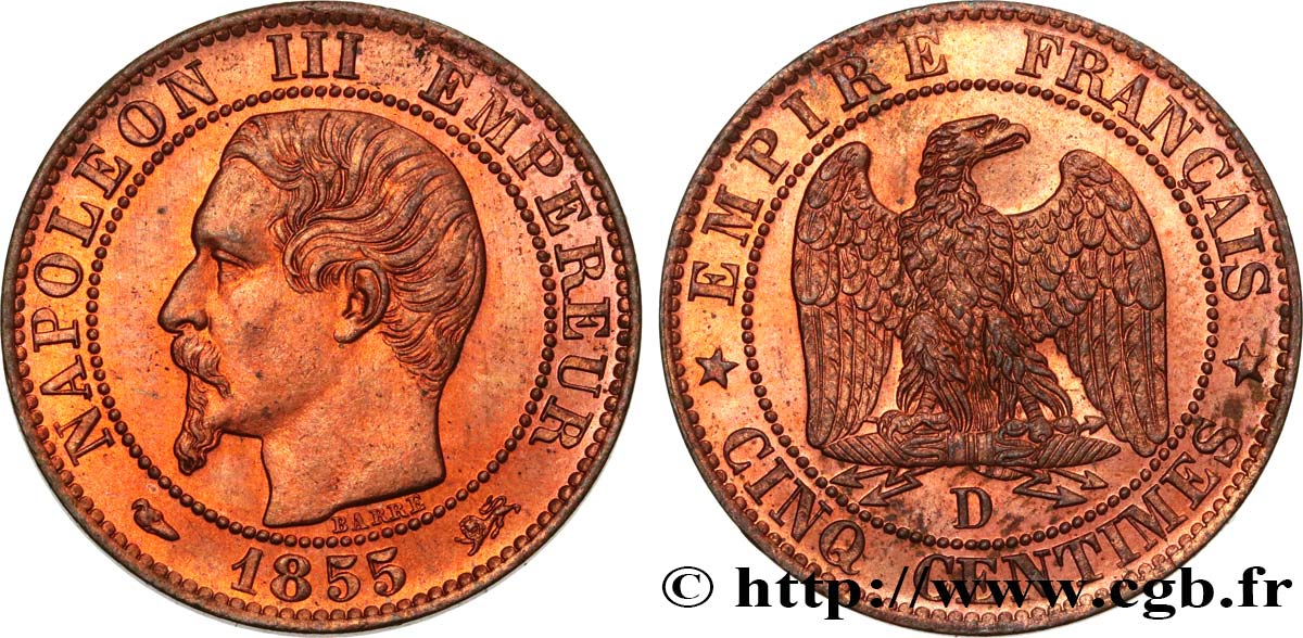 Cinq centimes Napoléon III, tête nue, différent levrette 1855 Lyon F.116/22 MS62 