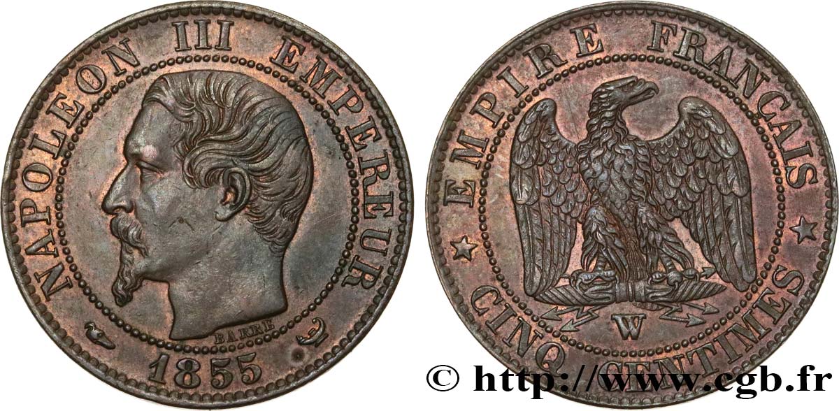 Cinq centimes Napoléon III, tête nue 1855 Lille F.116/28 BB54 