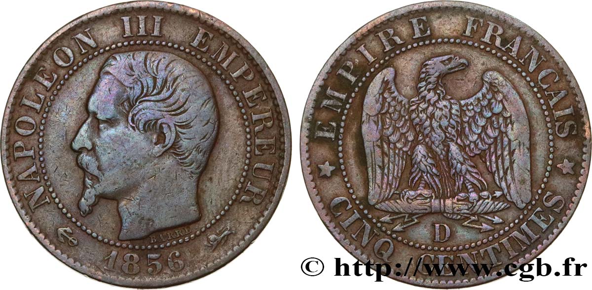 Cinq centimes Napoléon III, tête nue 1856 Lyon F.116/33 TB25 