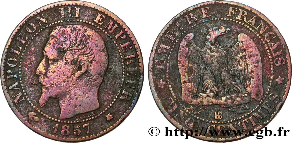 Cinq centimes Napoléon III, tête nue 1857 Strasbourg F.116/39 TB18 