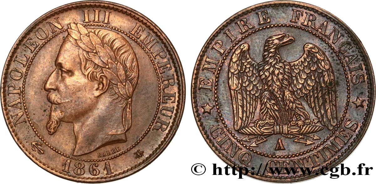 Cinq centimes Napoléon III, tête laurée 1861 Paris F.117/4 TTB52 