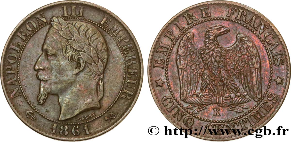 Cinq centimes Napoléon III, tête laurée 1861 Bordeaux F.117/6 BC35 