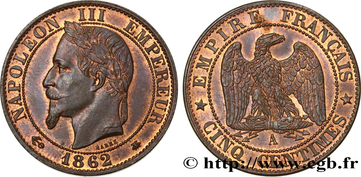 Cinq centimes Napoléon III, tête laurée 1862 Paris F.117/7 MBC50 