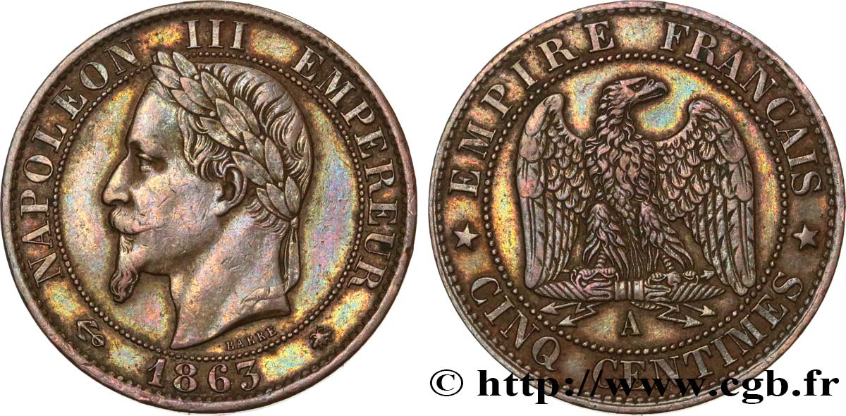 Cinq centimes Napoléon III, tête laurée 1863 Paris F.117/10 S35 