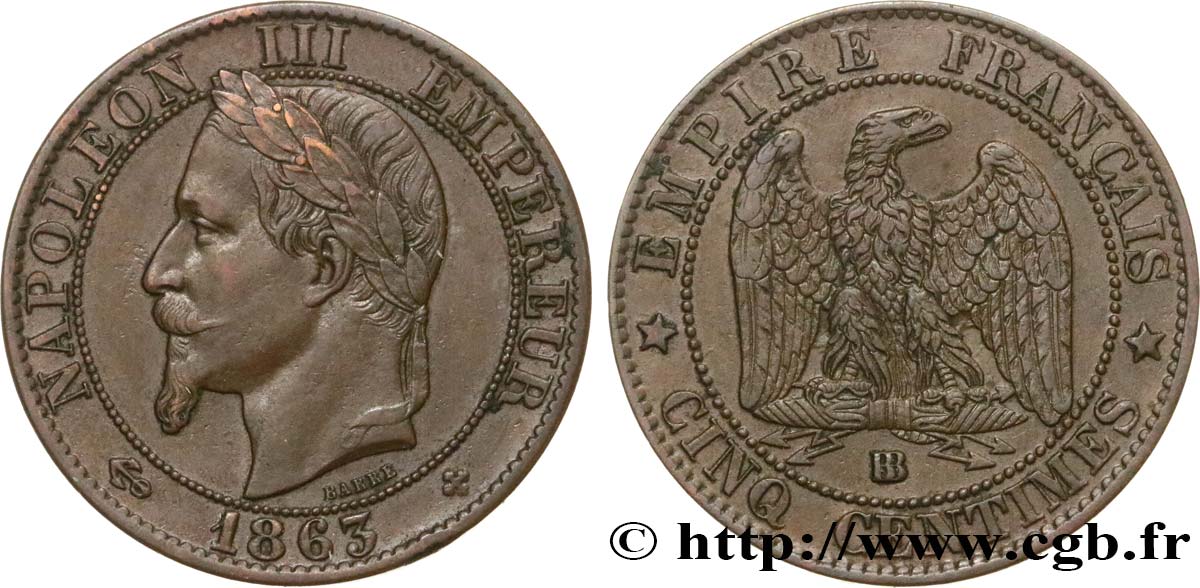 Cinq centimes Napoléon III, tête laurée 1863 Strasbourg F.117/11 BB45 