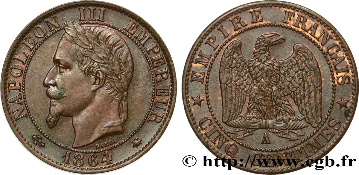 Cinq centimes Napoléon III, tête laurée 1864 Paris F.117/13 BB54 