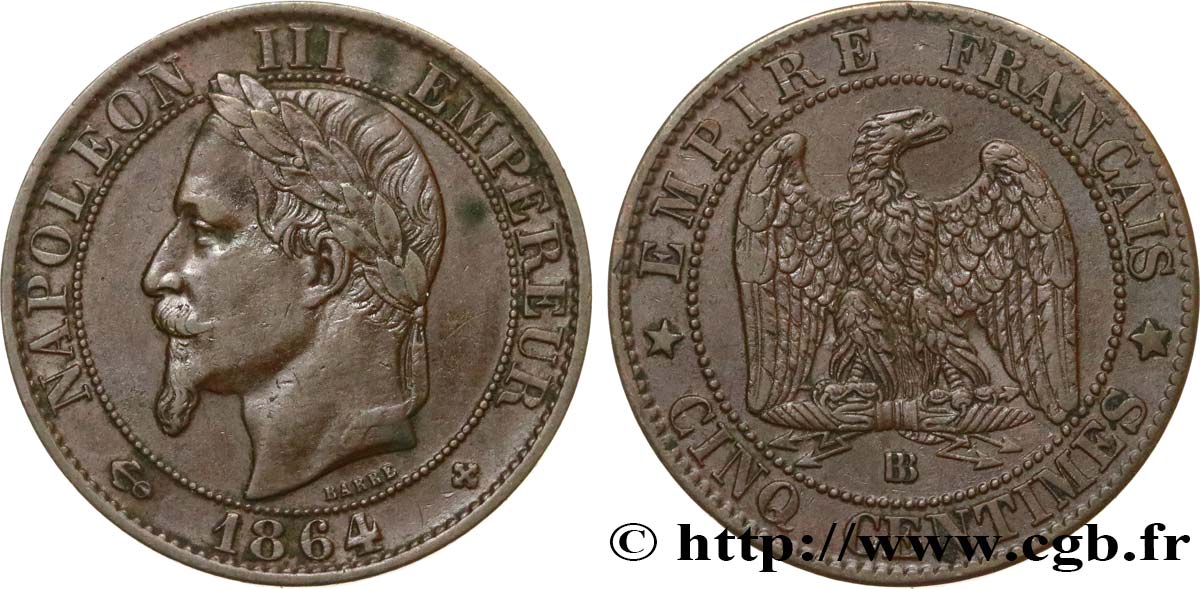 Cinq centimes Napoléon III, tête laurée 1864 Strasbourg F.117/14 SS45 