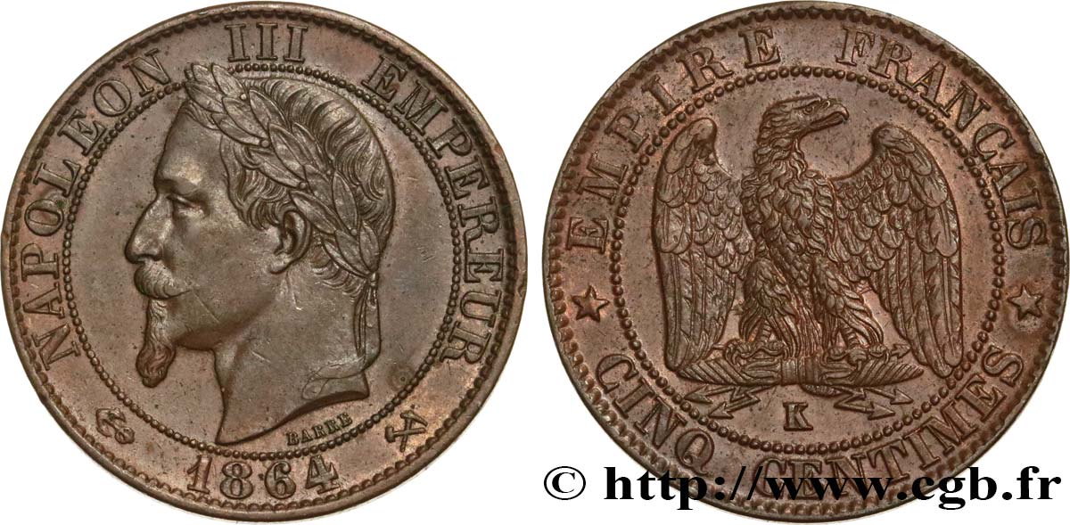 Cinq centimes Napoléon III, tête laurée 1864 Bordeaux F.117/15 AU50 