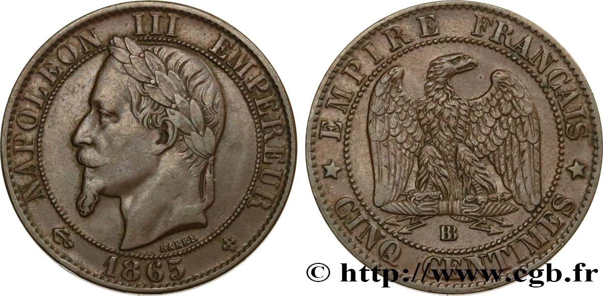 Cinq centimes Napoléon III, tête laurée 1865 Strasbourg F.117/17 MB35 