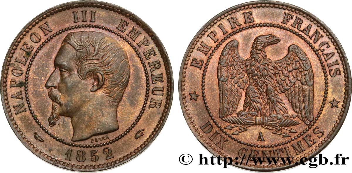 Dix centimes Napoléon III, tête nue 1852 Paris F.133/1 AU58 