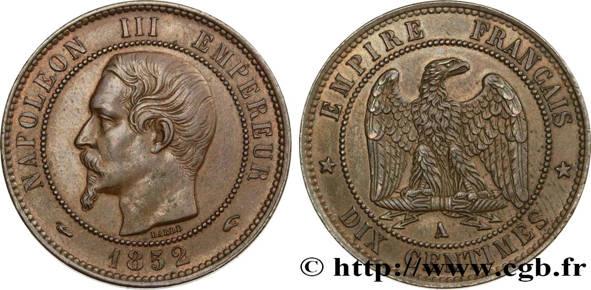 Dix centimes Napoléon III, tête nue 1852 Paris F.133/1 TTB54 