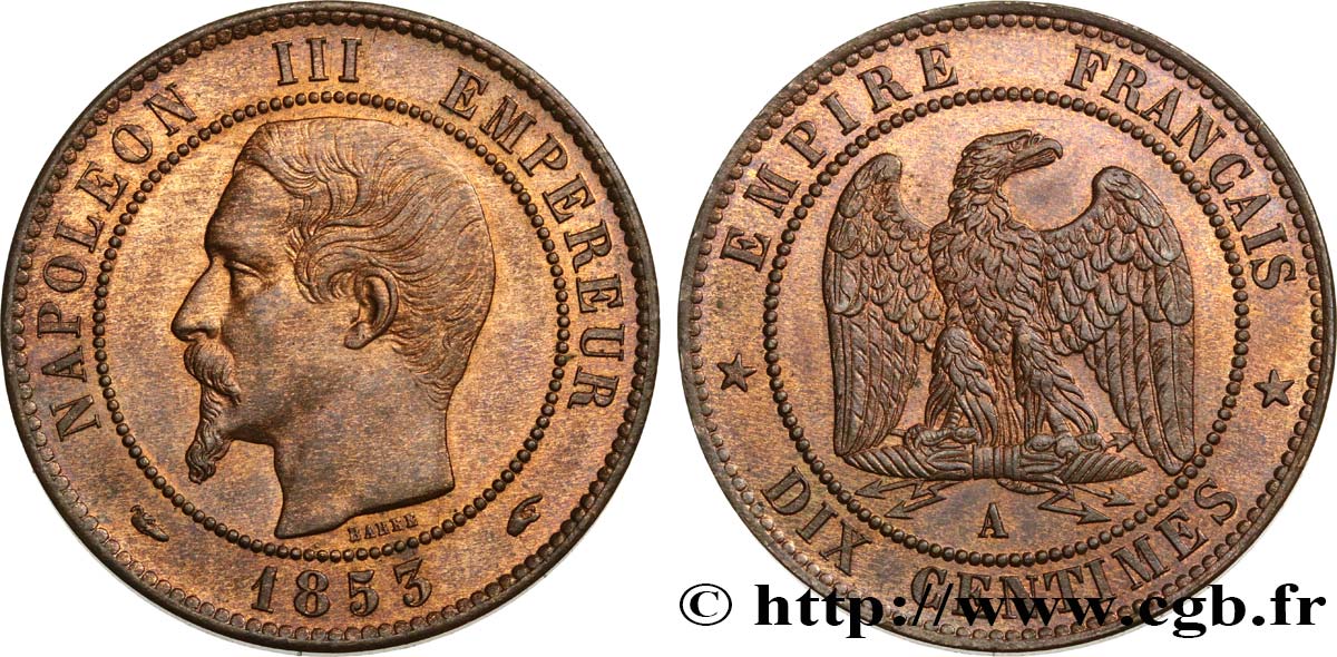 Dix centimes Napoléon III, tête nue 1853 Paris F.133/2 AU55 