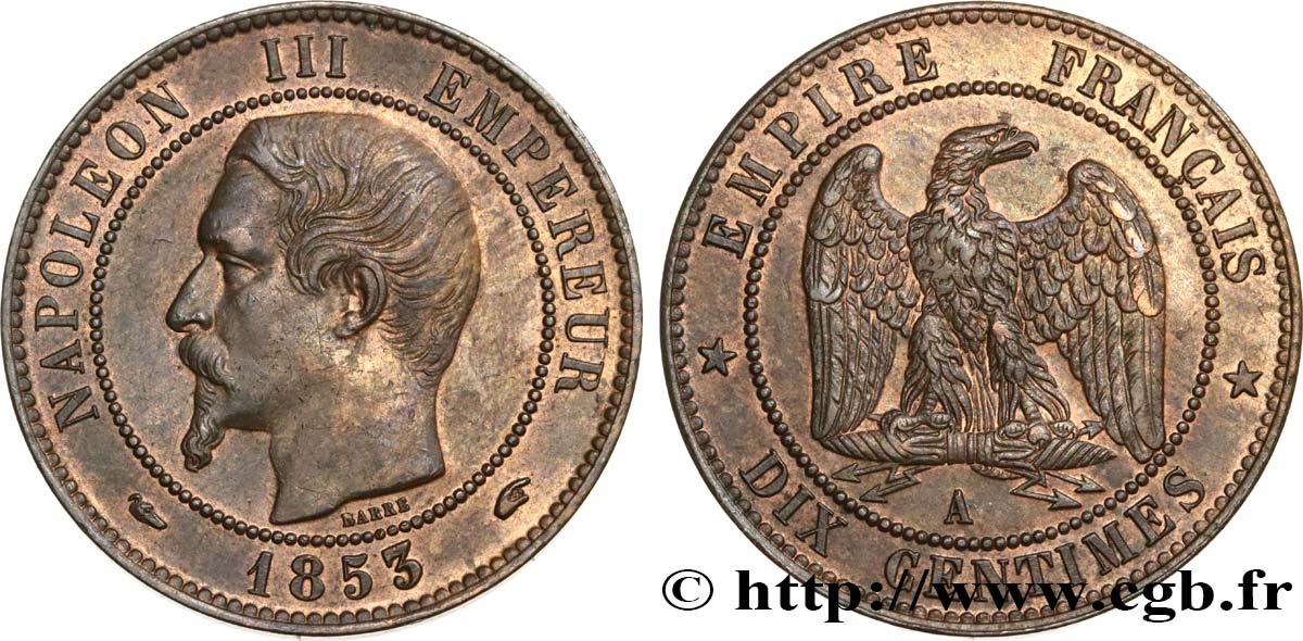 Dix centimes Napoléon III, tête nue 1853 Paris F.133/2 MBC50 