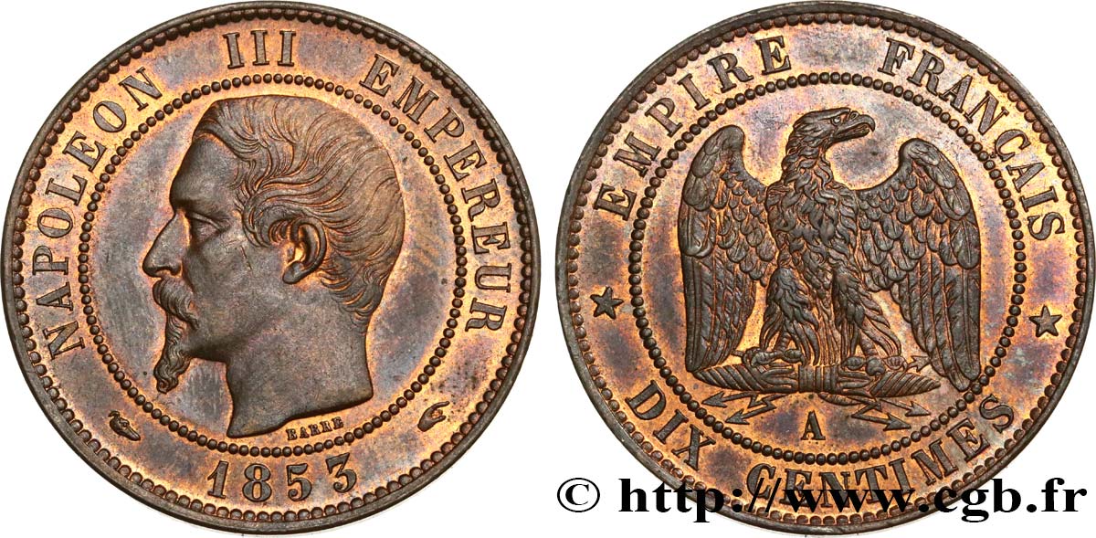Dix centimes Napoléon III, tête nue 1853 Paris F.133/2 SUP60 