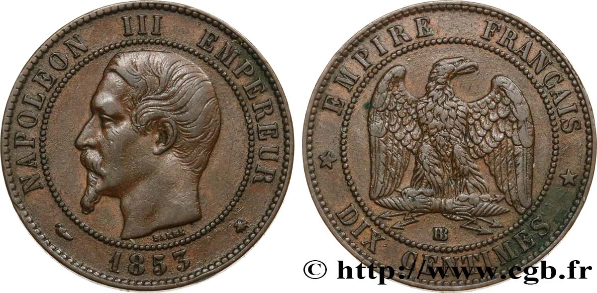 Dix centimes Napoléon III, tête nue 1853 Strasbourg F.133/4 TTB48 