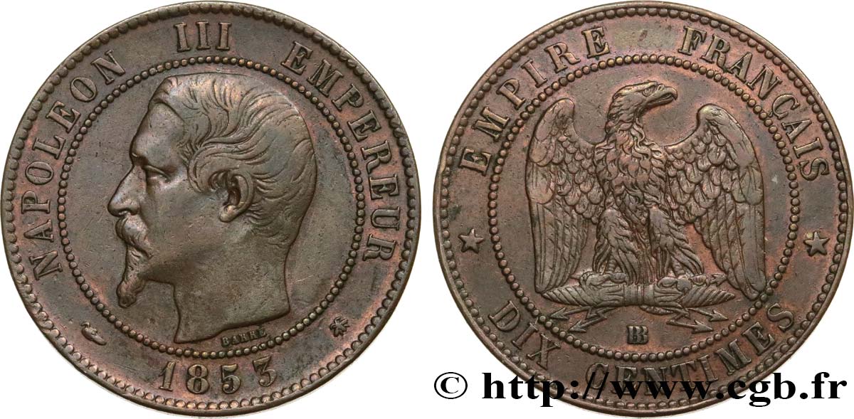 Dix centimes Napoléon III, tête nue 1853 Strasbourg F.133/4 XF48 