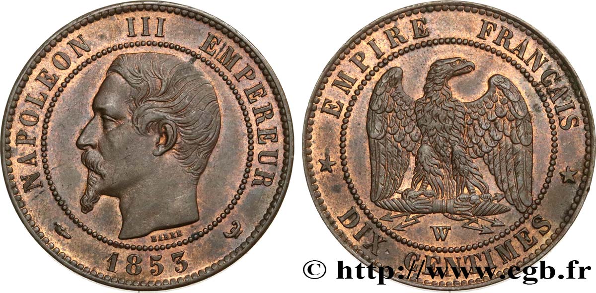Dix centimes Napoléon III, tête nue 1853 Lille F.133/10 SPL55 