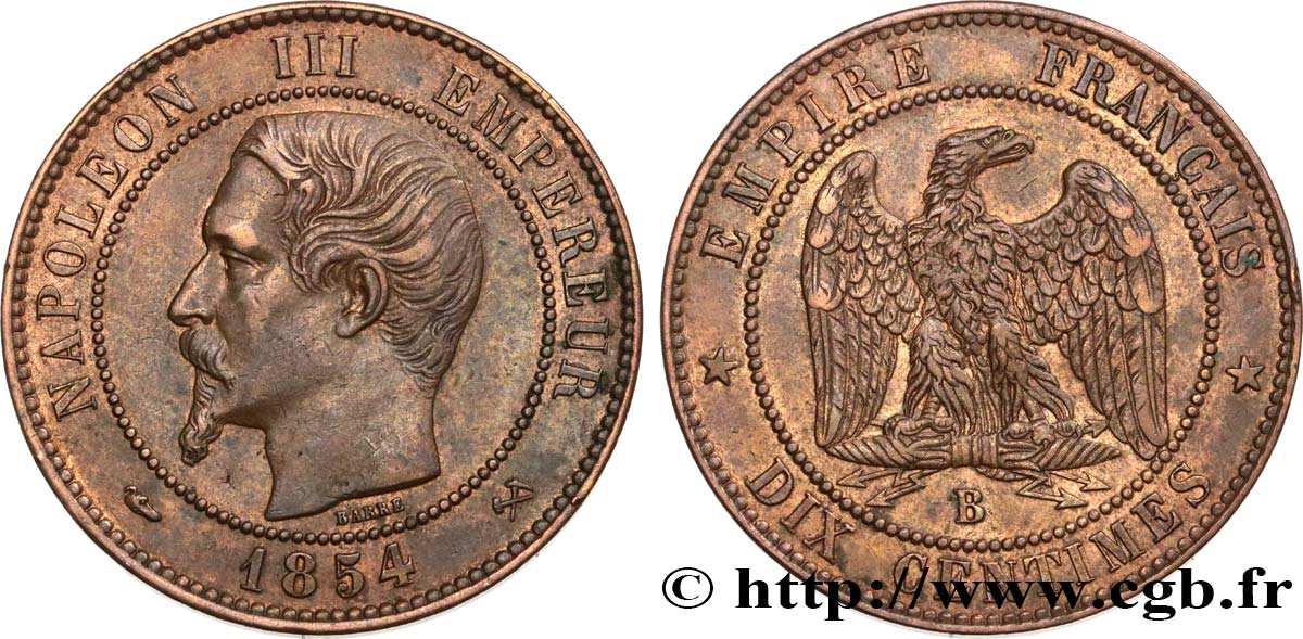 Dix centimes Napoléon III, tête nue 1854 Rouen F.133/12 MBC 