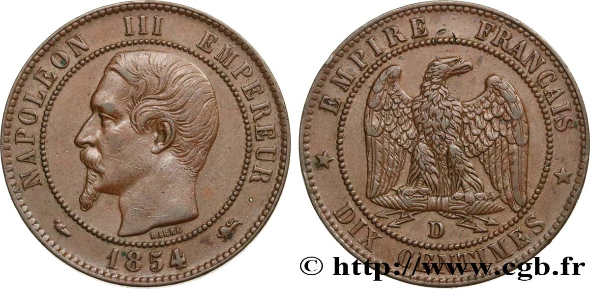 Dix centimes Napoléon III, tête nue 1854 Lyon F.133/15 XF40 