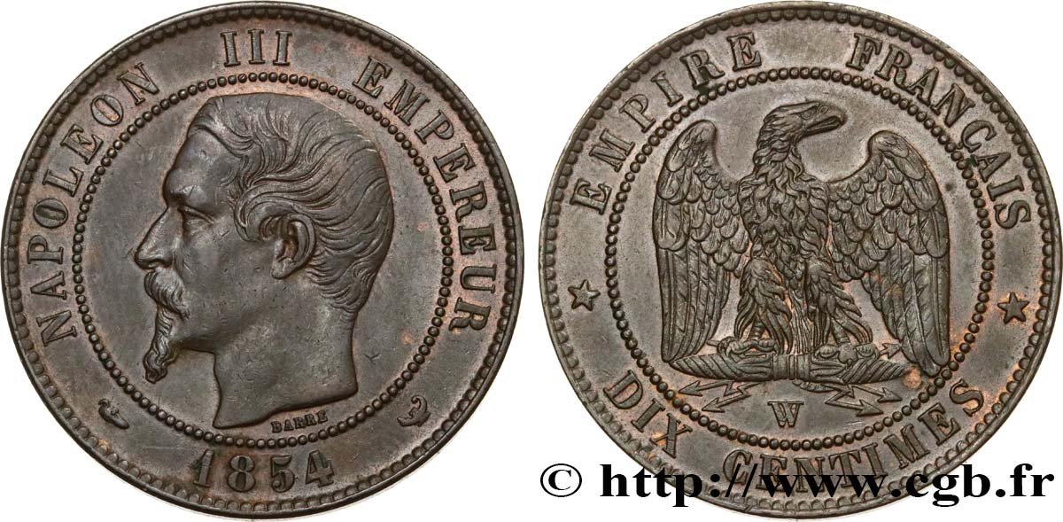 Dix centimes Napoléon III, tête nue 1854 Lille F.133/18 MBC54 