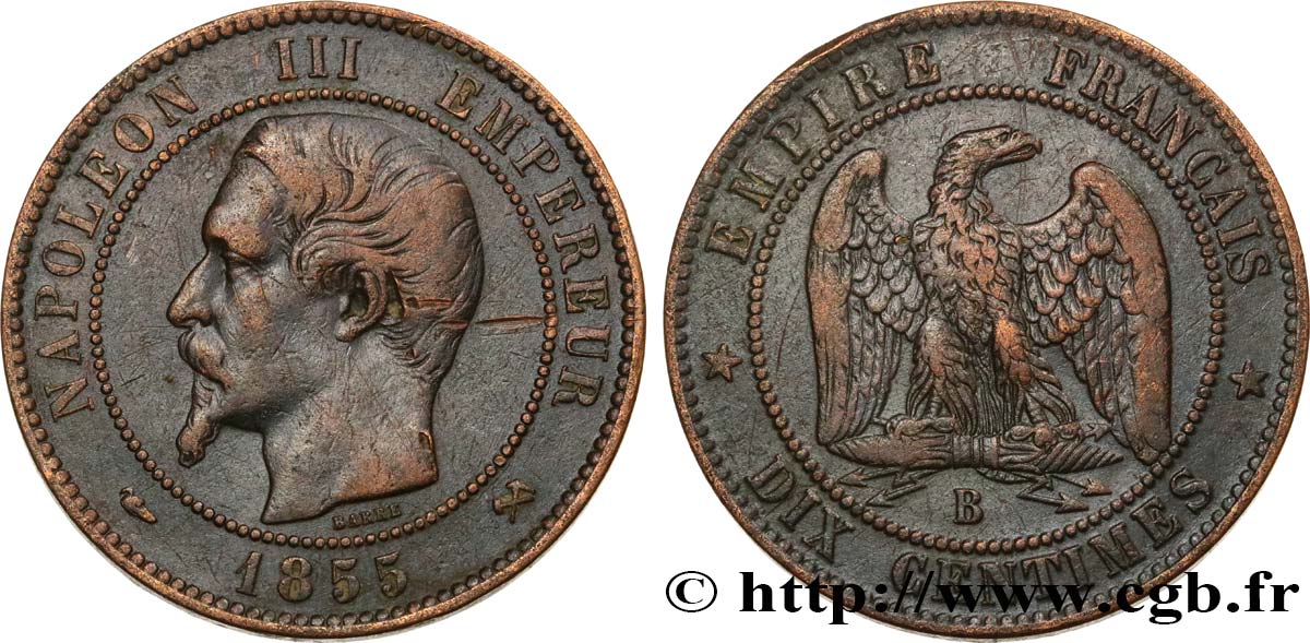 Dix centimes Napoléon III, tête nue 1855 Rouen F.133/21 XF 
