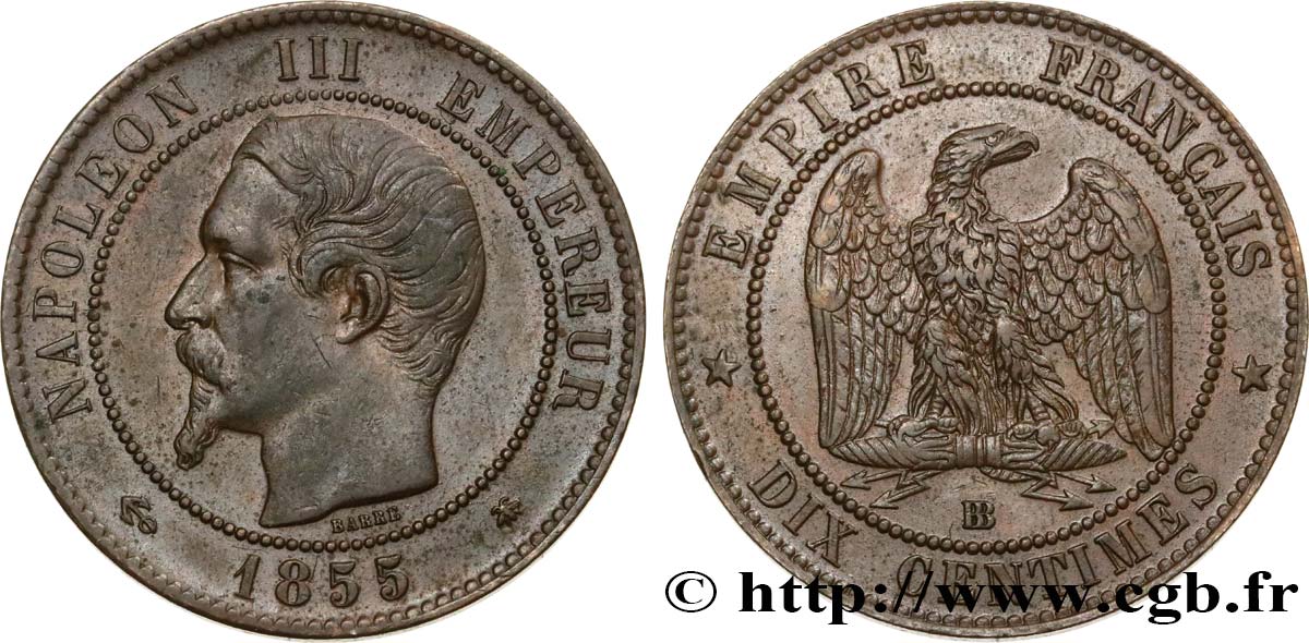 Dix centimes Napoléon III, tête nue, différent ancre 1855 Strasbourg F.133/24 BB50 