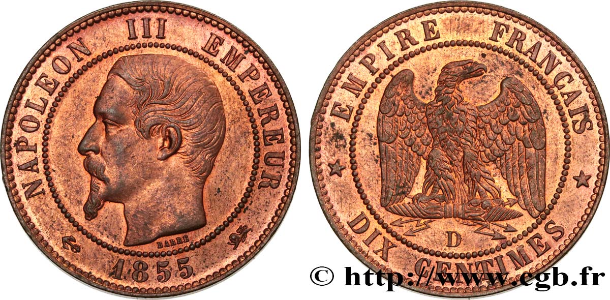 Dix centimes Napoléon III, tête nue 1855 Lyon F.133/26 VZ58 