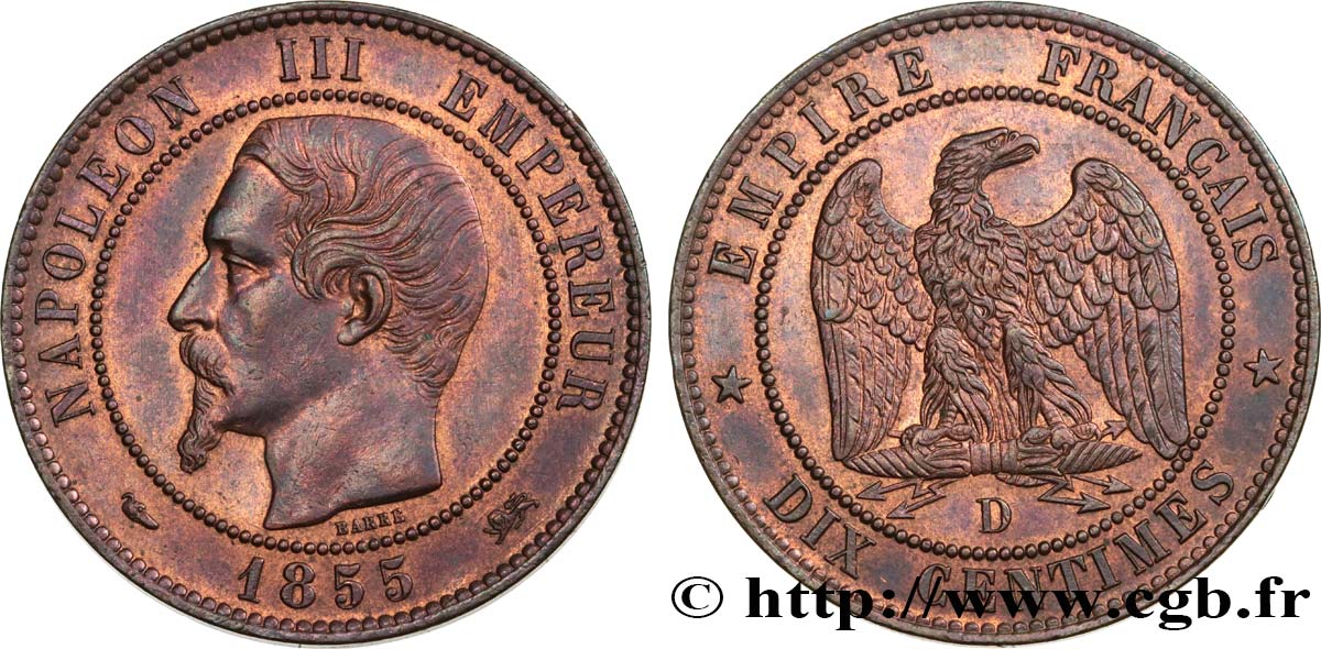 Dix centimes Napoléon III, tête nue 1855 Lyon F.133/25 AU54 