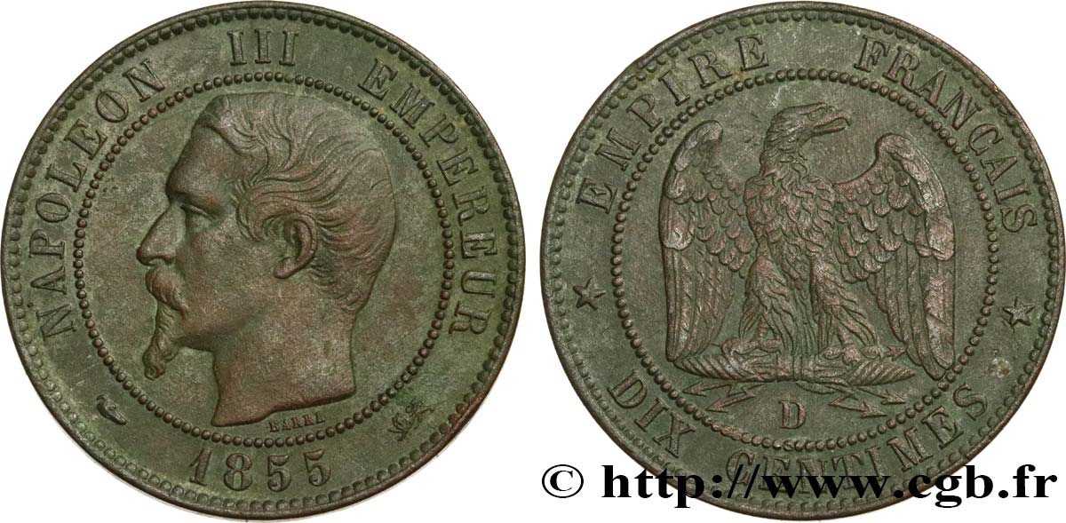 Dix centimes Napoléon III, tête nue 1855 Lyon F.133/25 TTB 
