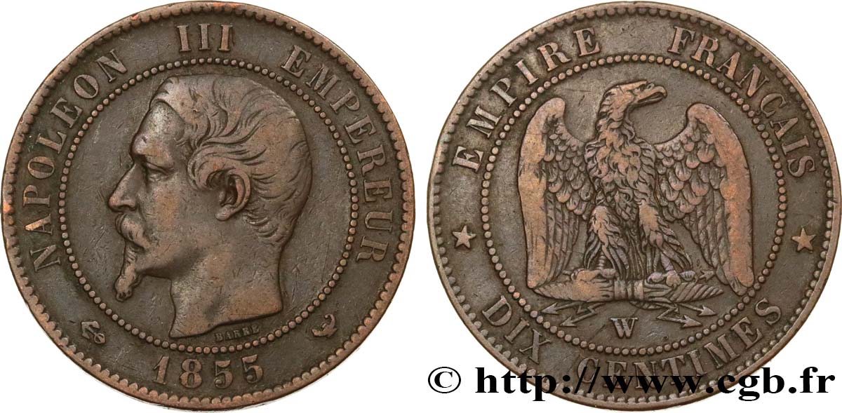 Dix centimes Napoléon III, tête nue 1855 Lille F.133/33 BC30 