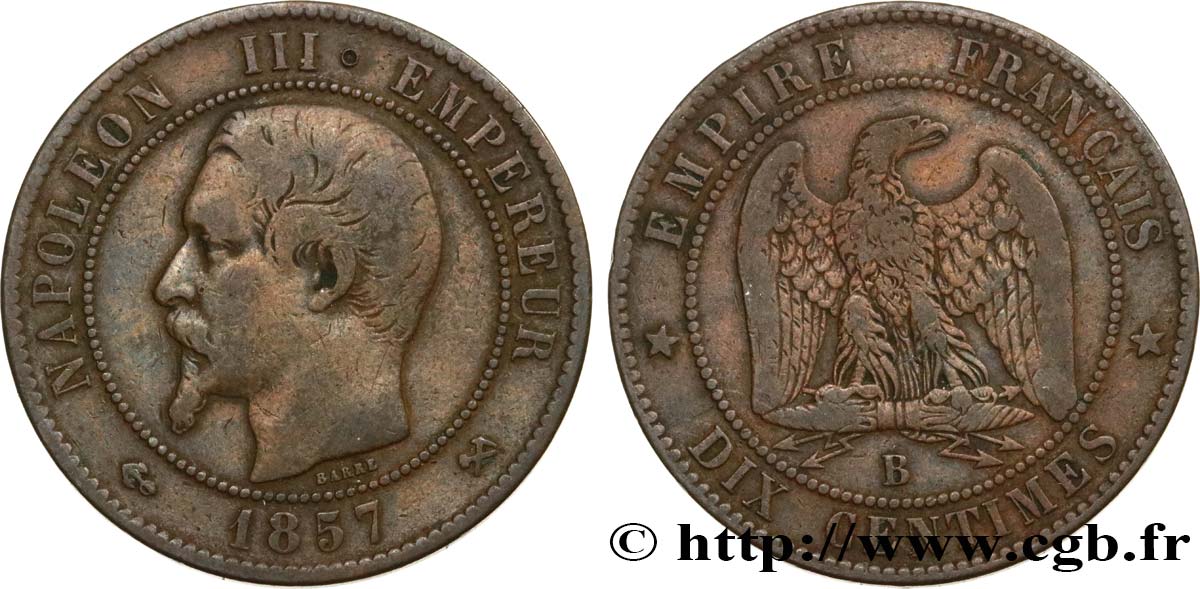 Dix centimes Napoléon III, tête nue 1857 Rouen F.133/41 TB25 