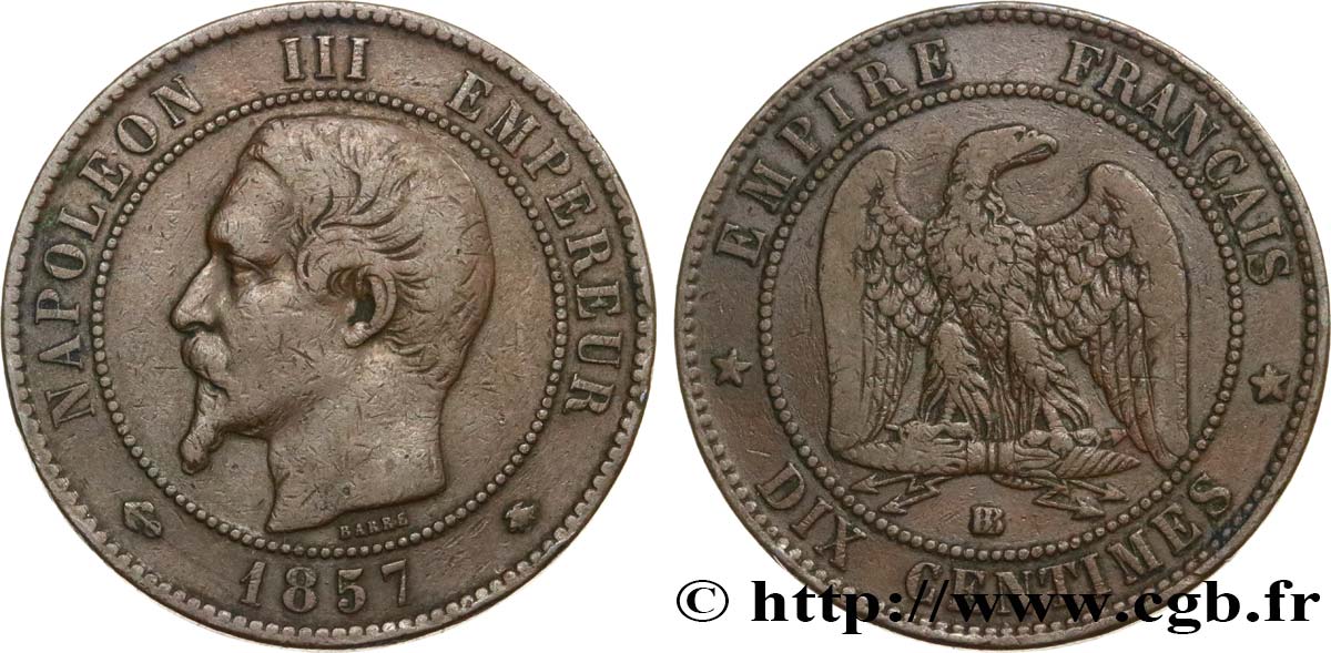 Dix centimes Napoléon III, tête nue 1857 Strasbourg F.133/43 BC25 