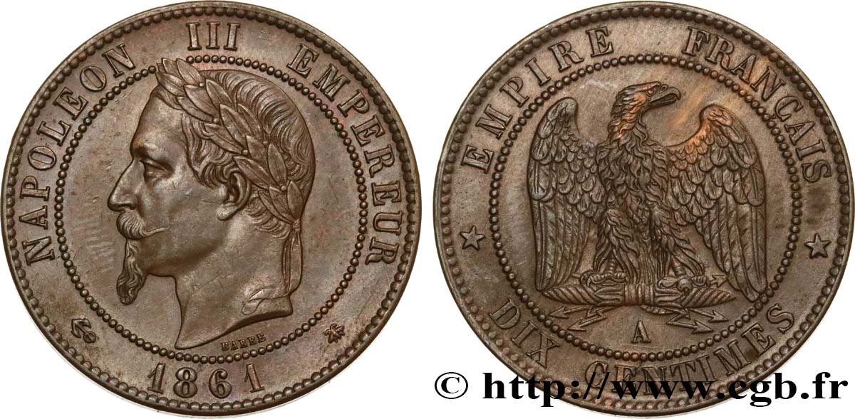 Dix centimes Napoléon III, tête laurée 1861 Paris F.134/4 TTB+ 