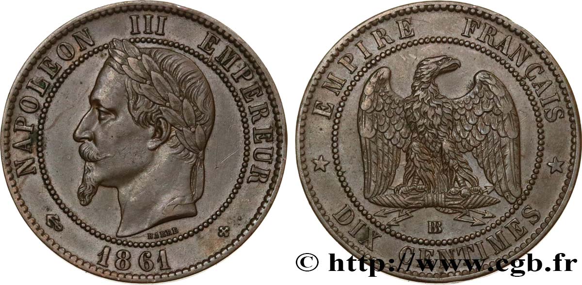 Dix centimes Napoléon III, tête laurée 1861 Strasbourg F.134/5 AU54 