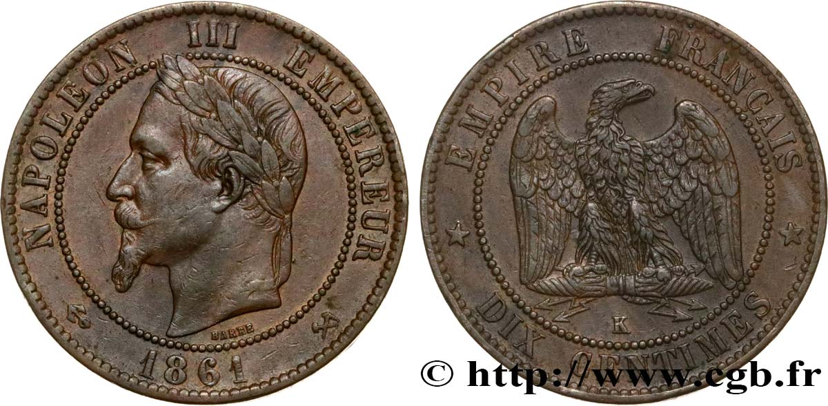 Dix Centimes Napoléon tête laurée 1861 Bordeaux F.134/6 BB50 