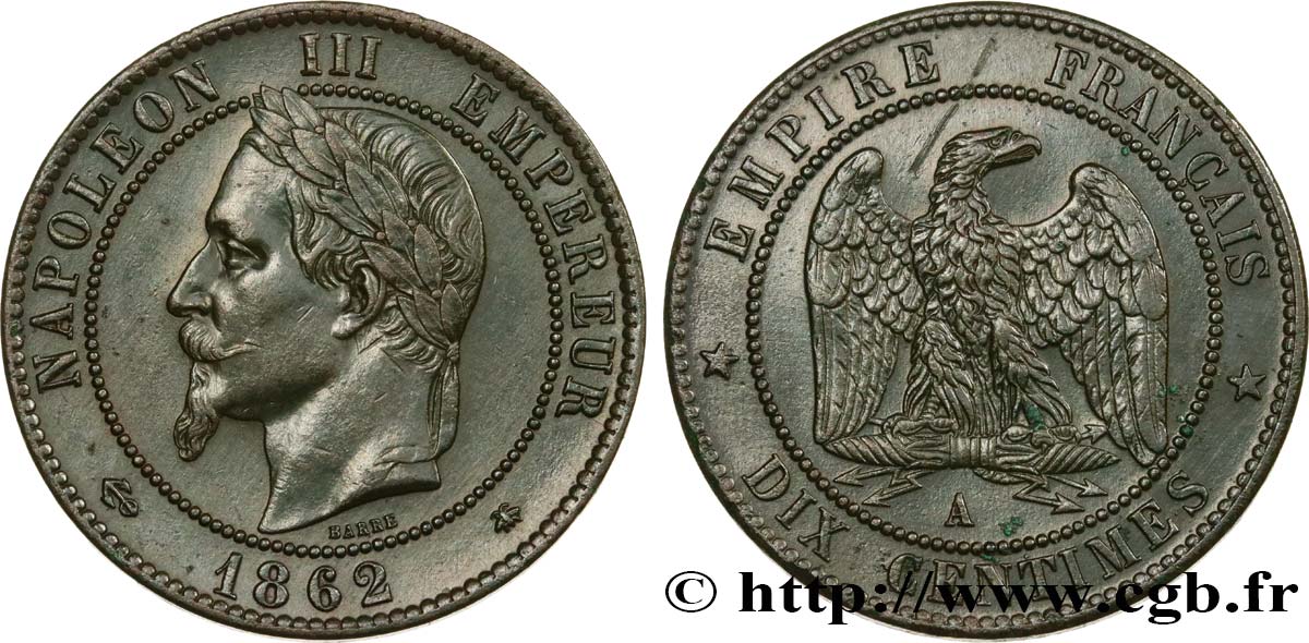Dix centimes Napoléon III, tête laurée 1862 Paris F.134/7 TTB 